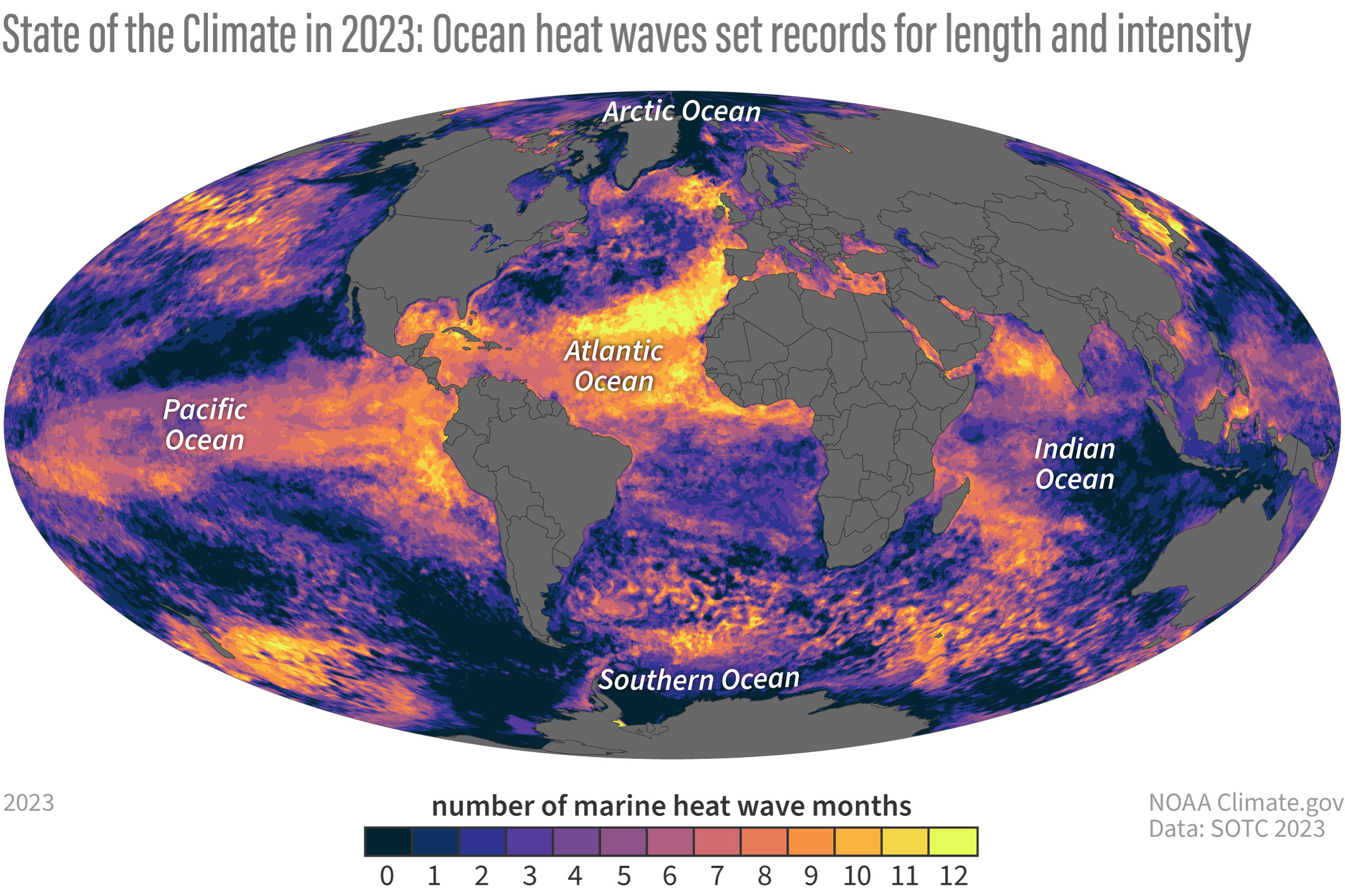 Mapa global de la cantidad de meses en que cada ubicación del océano experimentó condiciones de ola de calor en el 2023, que muestra cómo grandes partes de cada cuenca oceánica experimentaron al menos algunos meses de calor extremo. Alt: Global map of the number of months each ocean location experienced heatwave conditions in 2023, showing how large parts of each ocean basin experienced at least a few months of extreme heat.