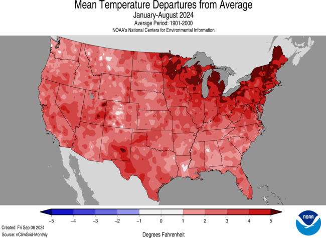 Map of the United States depicting Mean Temperature Departures from Average for January-August 2024.