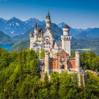 Panoramic view of Neuschwanstein Castle in Schwangau, Germany.