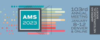 "AMS 2023" in a square border with dots on the left and diagonal colorful striations leading to text about the AMS Annual Meeting on the right. "AMS 2023" in a square border with dots on the left and diagonal colorful striations leading to text about the AMS Annual Meeting on the right.